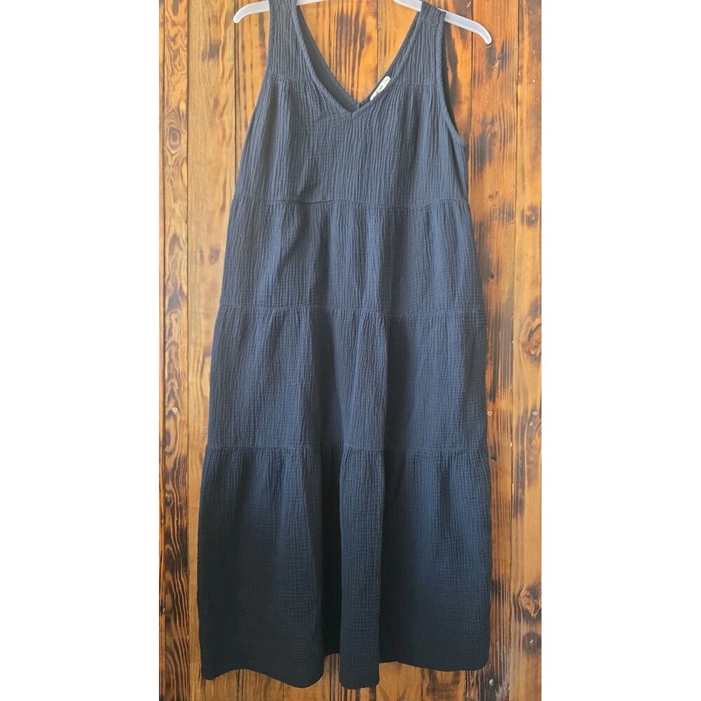 Marine Layer Corinne Tiered Gauze Midi Dress Black, Women's XL